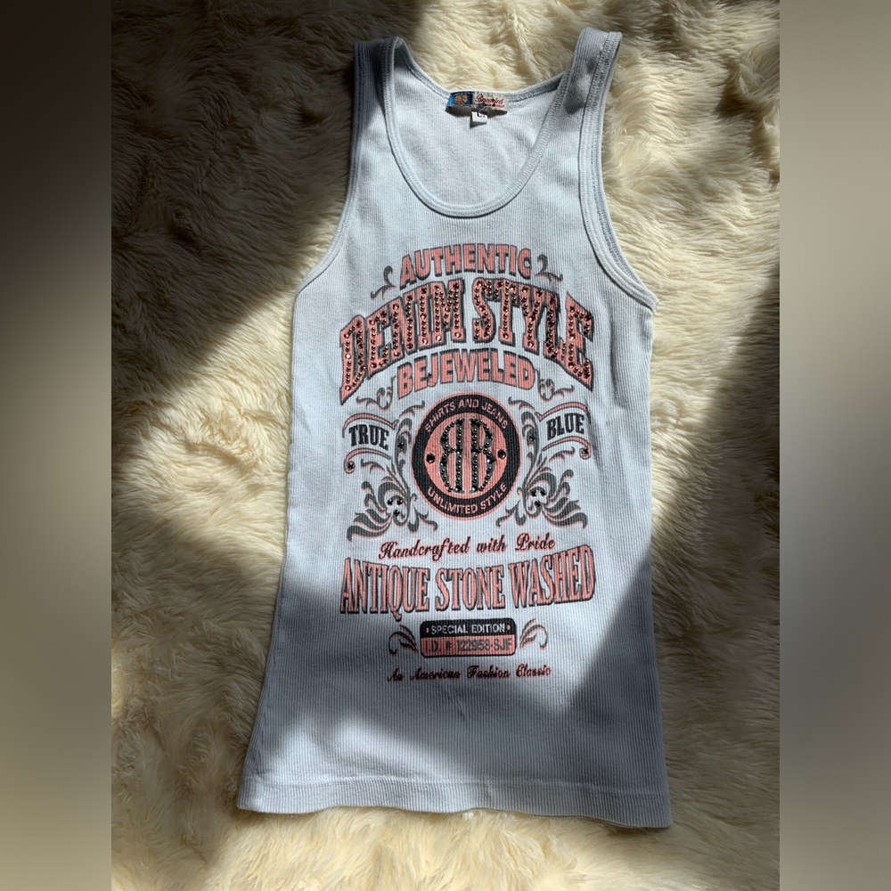 💎RARE💎 Y2K Bejeweled by Susan Fixel “Authentic Denim Style” White Tank